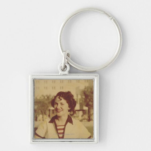Woman Sitting Outside Key Ring (Front)