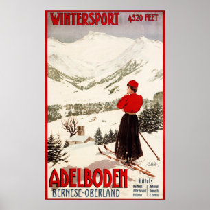 Woman Skier Overlooking Adelboden Poster
