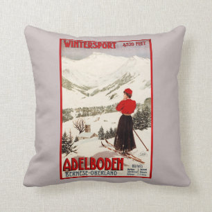 Woman Skier Overlooking Adelboden Poster Cushion