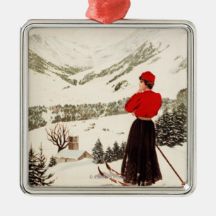 Woman Skier Overlooking Adelboden Poster Metal Tree Decoration