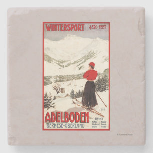 Woman Skier Overlooking Adelboden Poster Stone Coaster