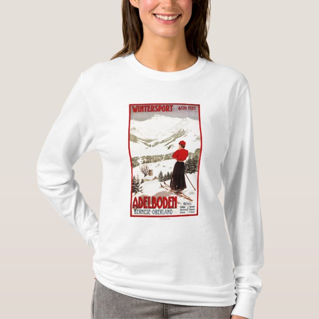 Woman Skier Overlooking Adelboden Poster T-Shirt (Front)