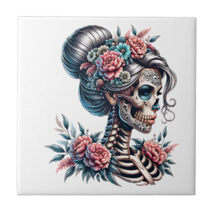 Woman Skull Dia De Los Muertos Skeleton Tile