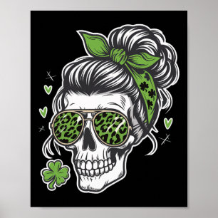 Woman Skull St. Patricks Day Messy Bun Poster