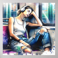 Woman Sleeping on the Subway Listening to Music