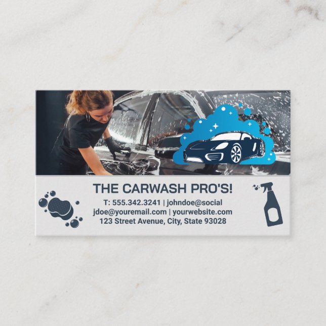 Woman Soaping Car | Auto Cleaning Services Business Card (Front)