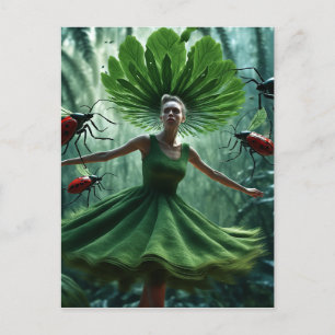 Woman spinning around in a dress made of plant bug postcard