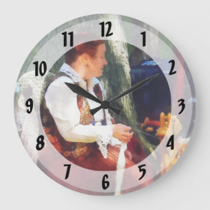 Woman Spinning Yarn at Flea Market Large Clock