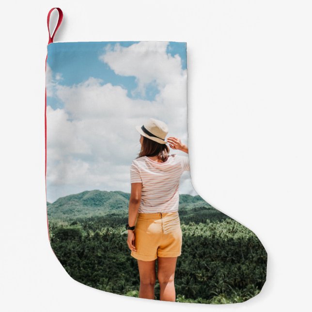 Woman standing near trees small christmas stocking (Front)