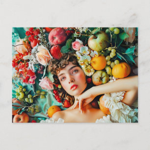 Woman surrounded by fruits and blossoms postcard