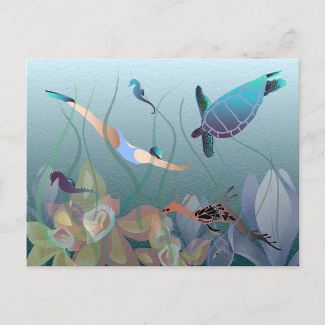 Woman swimming underwater with turtle postcard (Front)