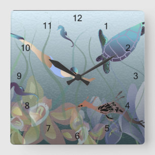 Woman swimming with seahorse and turtle square wall clock