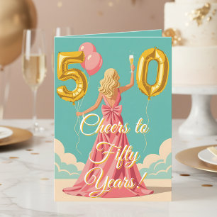 Woman Toasting with Champagne 50th Birthday Card