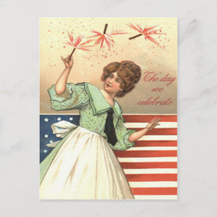 Woman US Flag Fireworks Firecracker Postcard