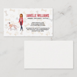 Woman walking a dog   Paw Print Bone Pattern  Business Card