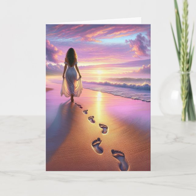 Woman Walking A Sunset Beach  Card (Front)