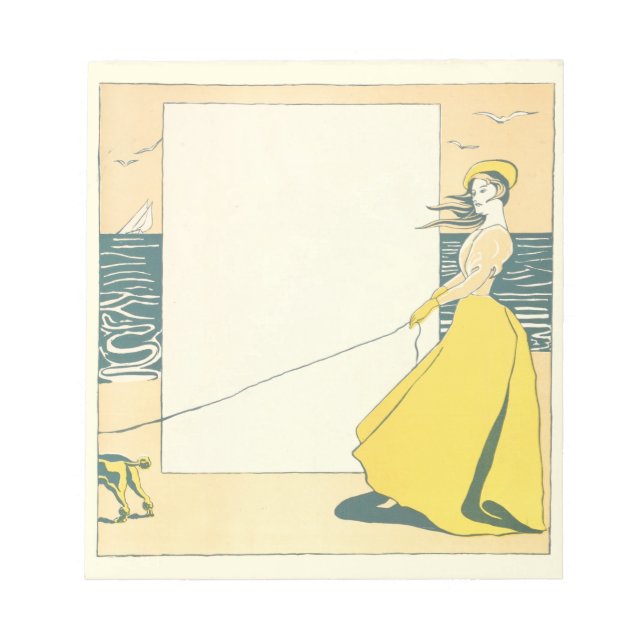 Woman Walking Dog on Beach Edward Penfield Notepad (Front)