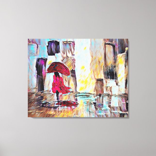 Woman Walking In The Rain Abstract Art Canvas Print (Front)
