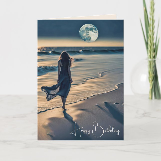 Woman Walking Midnight Beach for Birthday Card (Front)
