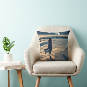 Woman Walking Night Beach Cushion