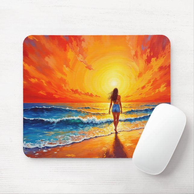 Woman walking ocean beach warm sunset mouse pad (With Mouse)