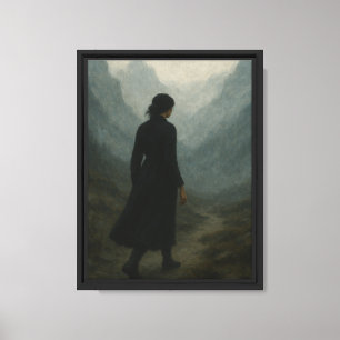 Woman Walking Through Misty Mountains Canvas Print