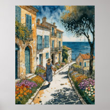 Woman walks in a French coastal village