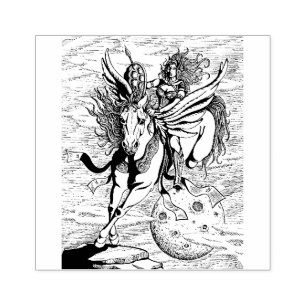 WOMAN WARRIOR, FLYING HORSE PEGASUS FANTASY HERO RUBBER STAMP