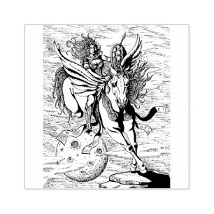 WOMAN WARRIOR, FLYING HORSE PEGASUS FANTASY HERO RUBBER STAMP