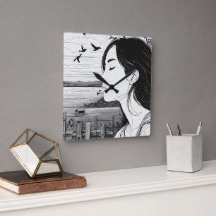 woman watching a bird closed eyes wall clock