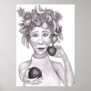 Woman Wearing a Hat Made of Fruit Offering Viewer Poster