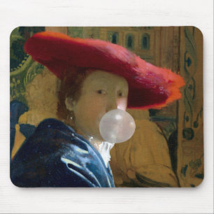 Woman wearing a red hat blowing a bubble gum mouse pad