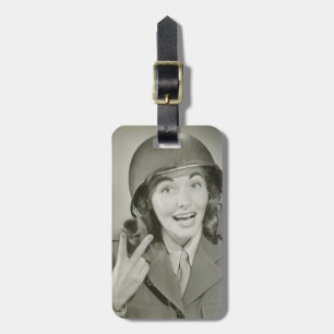 Woman Wearing an Army Helmet Luggage Tag