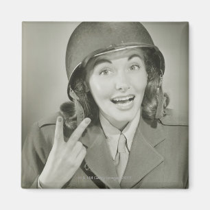 Woman Wearing an Army Helmet Magnet