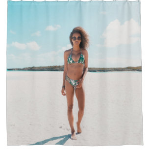 Woman wearing bikini standing on sand shower curtain