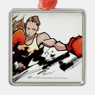 Woman wearing boxing glove metal tree decoration