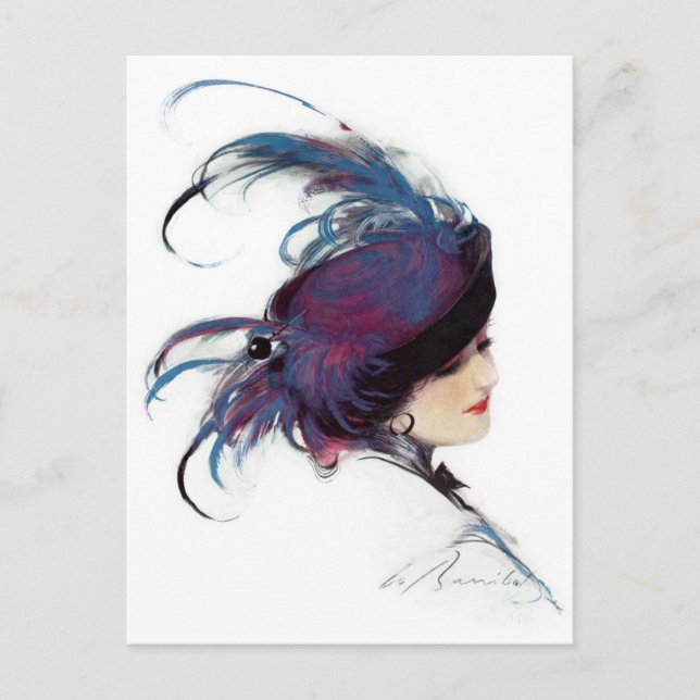 Woman Wearing Fancy Blue Feather Hat Postcard (Front)