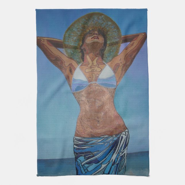 Woman Wearing Hat And Sarong Enjoying Summer Tea Towel (Vertical)