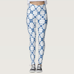 Woman wearing patterned leggings with blue