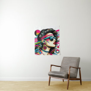 Woman wearing sunglasses colorful pop art tapestry