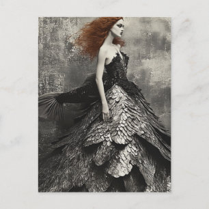 Woman wears a Black Fish Scale Dress Fantasy Postcard