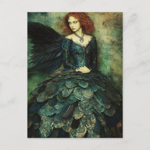 Woman wears Dark Green Fish Scale Dress Fantasy Postcard