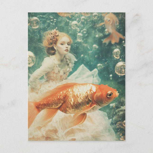 Woman wears Dress with Goldfish Fantasy Swimming Postcard (Front)