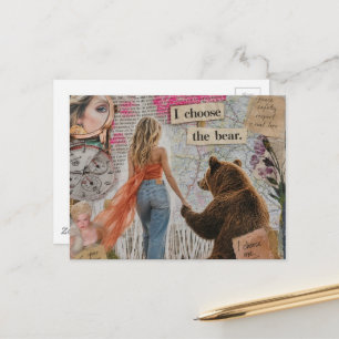 Woman Who Chooses The Bear mixed media collage Postcard