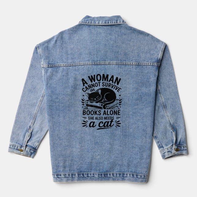 Woman who loves books and cats denim jacket (Back)
