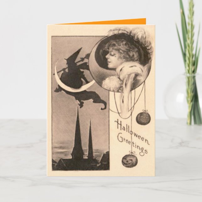 Woman Witch Crescent Moon Jack O' Lantern Card (Front)