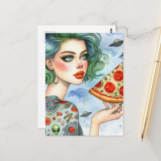 Woman with a big slice of pizza and UFOs Postcard (Front/Back In Situ)
