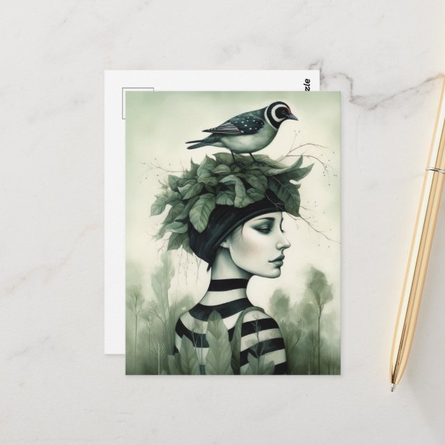 Woman with a Bird on Her Head Postcard (Front/Back In Situ)