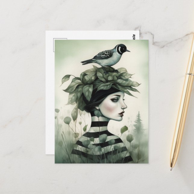 Woman with a Bird on Her Head Postcard (Front/Back In Situ)