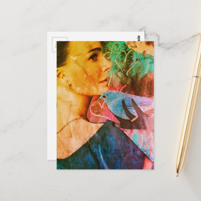 Woman with a Blue Bird Surreal Collage Postcard (Front/Back In Situ)